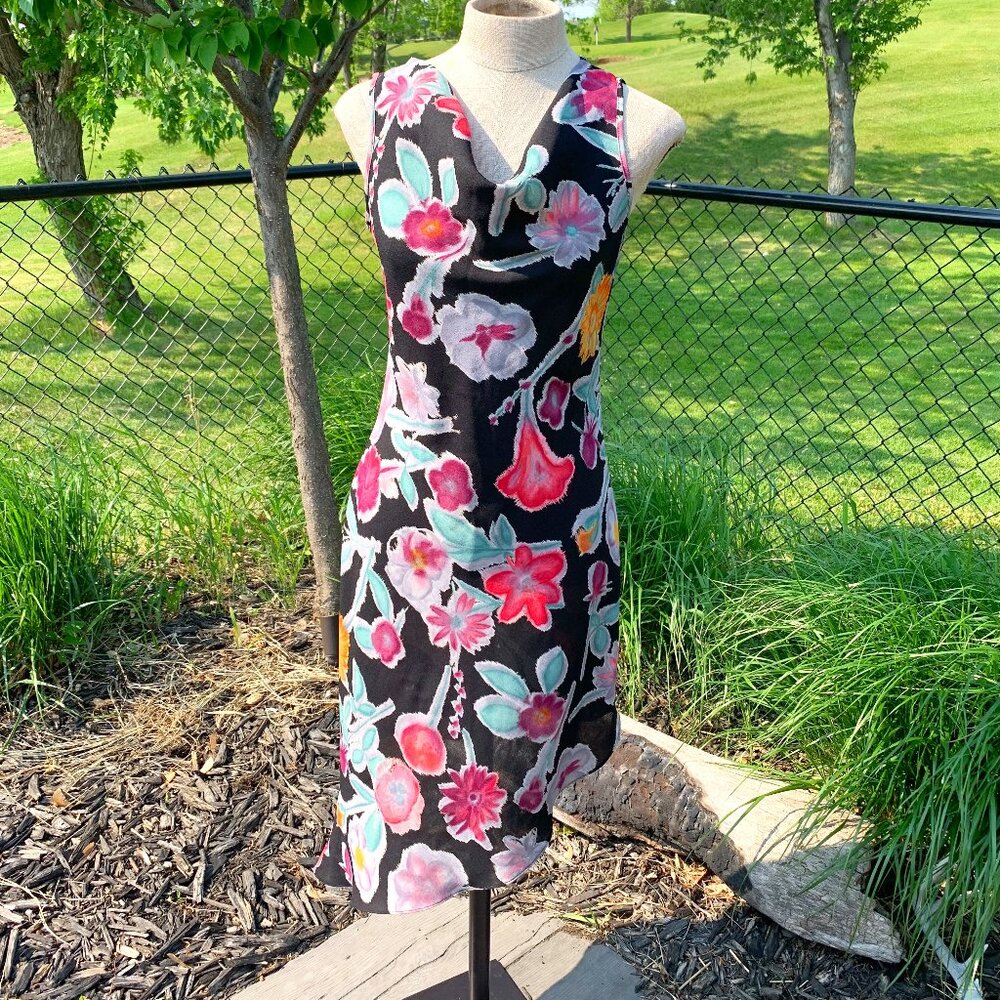 Vintage 90s Y2K Alyn Paige Floral Asymmetric Cowl Neck Sleeveless Midi Dress